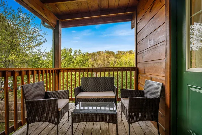 Covered porch with forest views—cozy seating for four to unwind.