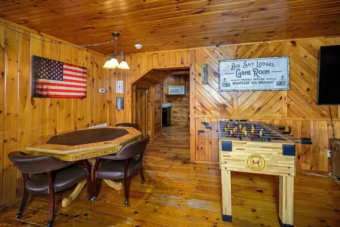 Foosball, poker table, movie area, and second kitchen 