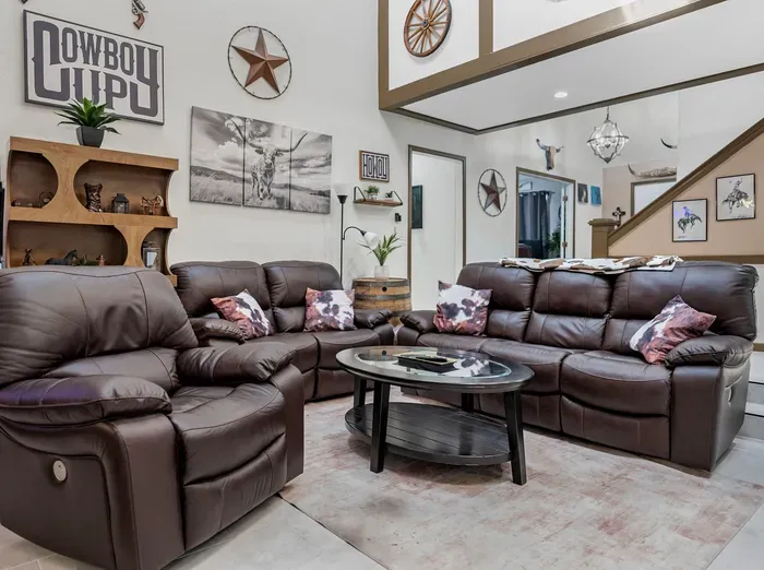 Spacious Western-style living room with plush seating and rustic charm