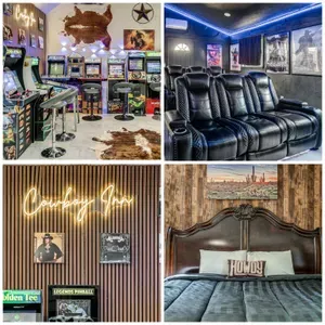 Western-themed arcade, theater room, and cozy rustic bedroom retreat