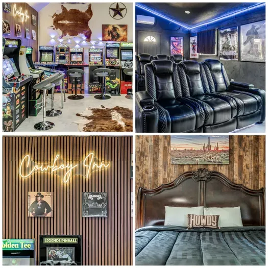 Western-themed arcade, theater room, and cozy rustic bedroom retreat