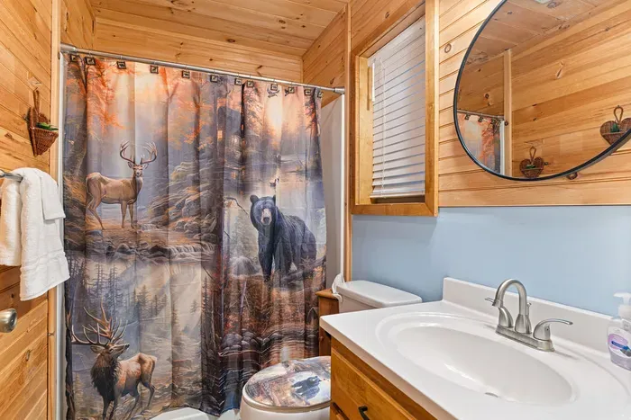 Rustic cabin bathroom with wildlife decor and warm wood finishes