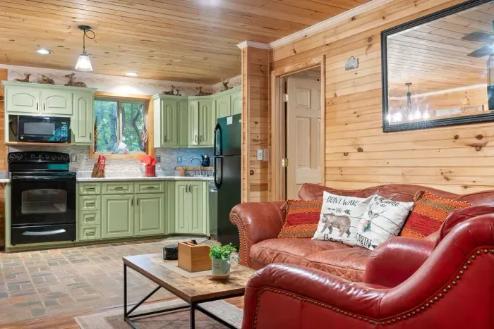 Cozy cabin-style living room and kitchen with warm wood finishes
