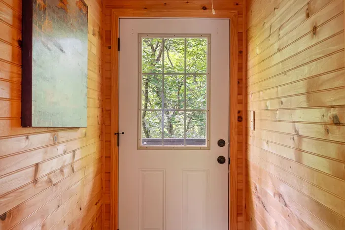 Warm wood-paneled entry with bright door window and peaceful forest views
