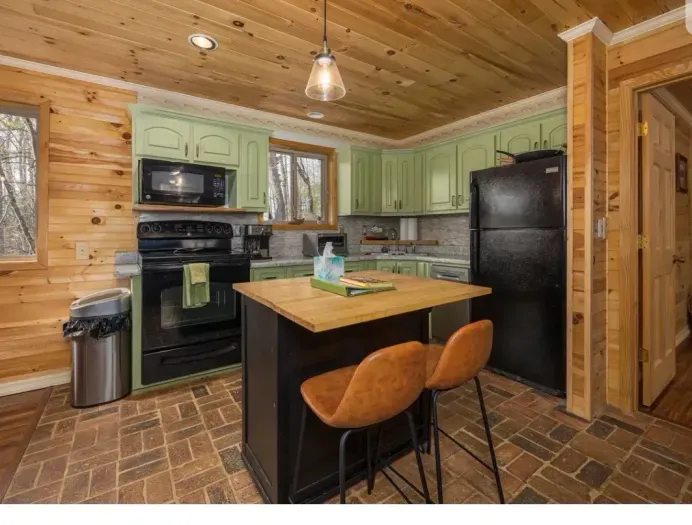Cozy cabin kitchen with island, green cabinets & black appliances