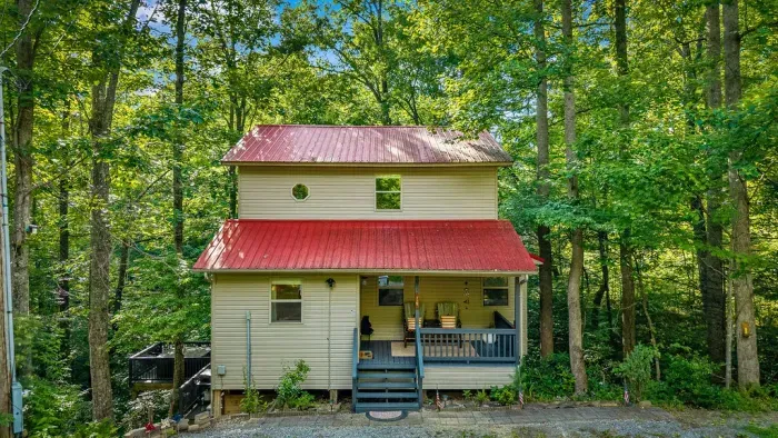 Cozy woodland cabin with covered porch and peaceful forest surroundings