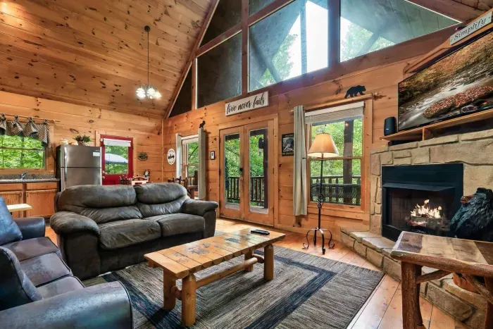 Open floor plan with fireplace, vaulted ceiling, natural light and pull out sofa bed