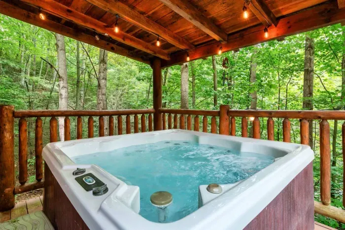 Covered hot tub with cafe lights, surrounded by nature 