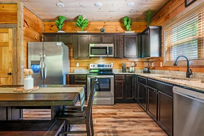 Rustic cabin kitchen w/ stainless appliances & granite counters