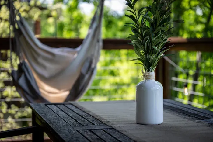 Serene deck with hammock chair and lush, tree-lined views