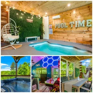 Indoor pool, hot tub & arcade—stylish cabin retreat with views