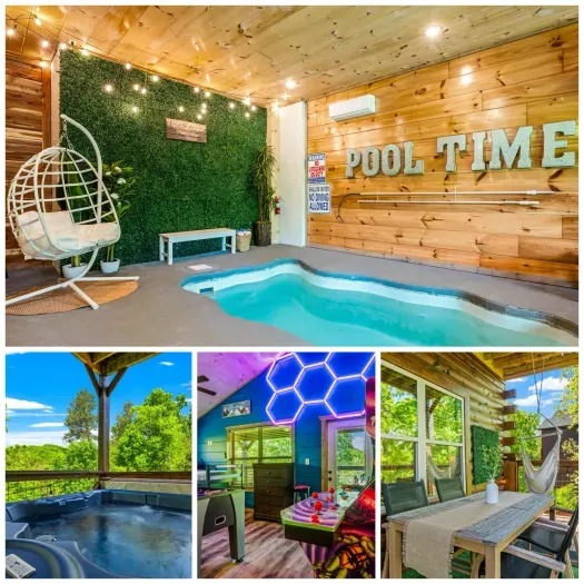 Indoor pool, hot tub & arcade—stylish cabin retreat with views