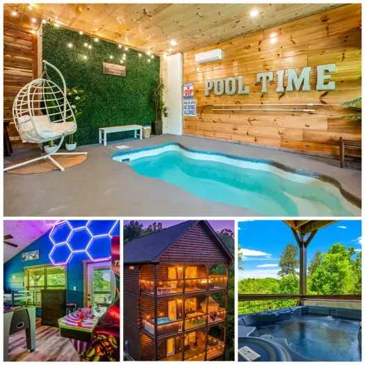 Cabin with indoor pool, hot tub, game loft & scenic views