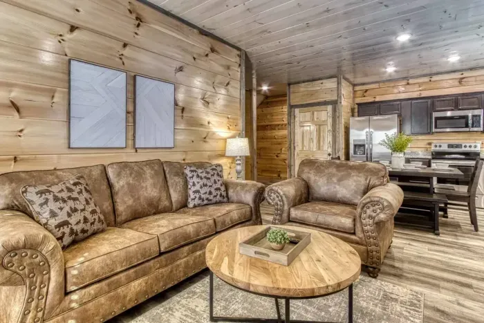 Family room with fireplace and comfortable seating 