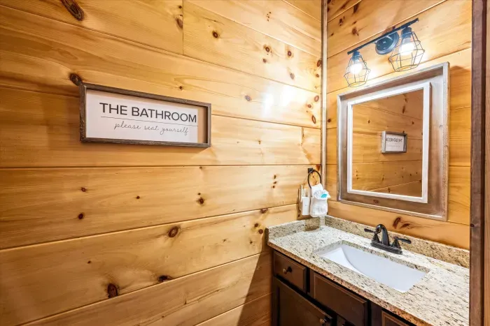 Rustic wood bath with granite vanity and chic industrial lighting