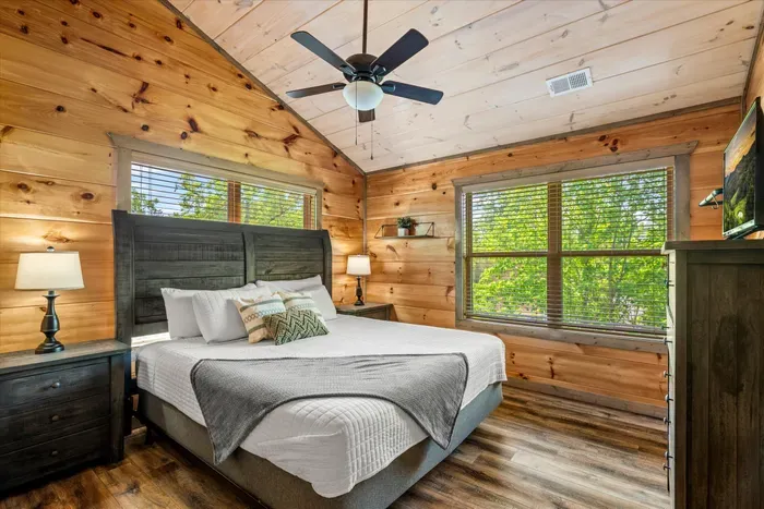 Cozy king cabin suite with forest views, TV, and abundant natural light