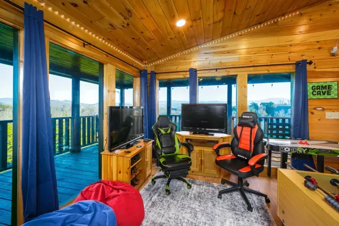 Gamer chairs, dual tv gaming area, and amazing views 
