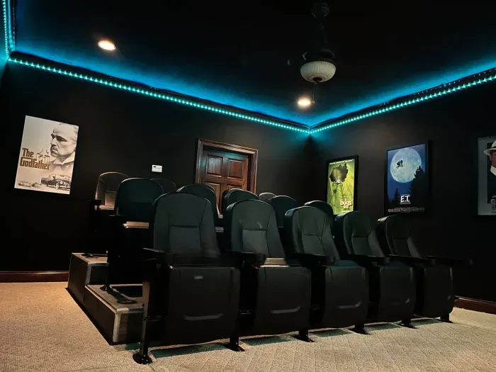 15 person private cinema with sound bar and 85’ TV