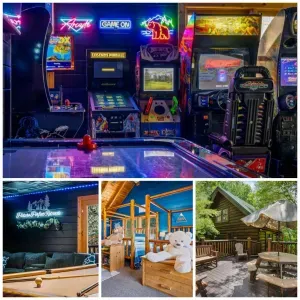 Entertainment-packed cabin: arcade, pool table, bunks & forest deck