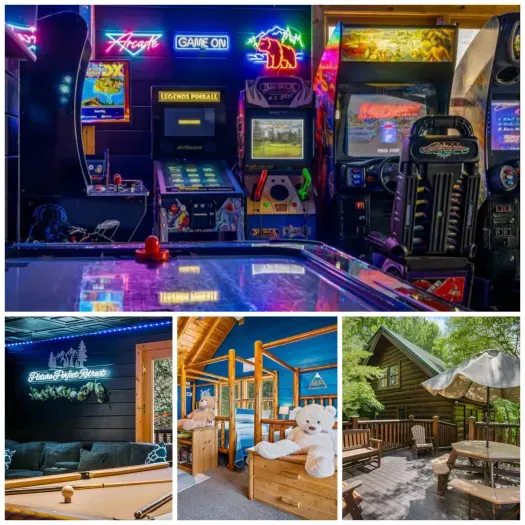 Entertainment-packed cabin: arcade, pool table, bunks & forest deck