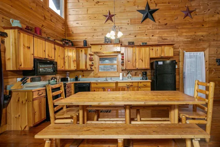 Large dining table and open kitchen 