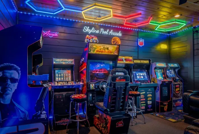 Epic neon-lit arcade room with classic games and immersive lounge vibes