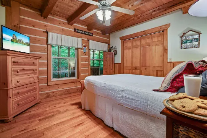 Cozy log-cabin bedroom with wooded views, TV, and rustic charm