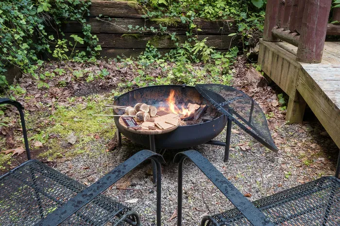 Cozy woodland fire pit with lounge chairs and s’mores-ready evenings