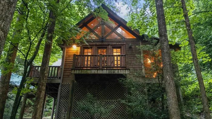 Cozy treehouse-style cabin nestled in the woods with warm rustic charm