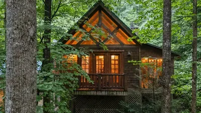 Cozy woodland cabin retreat with warm glow and peaceful forest views