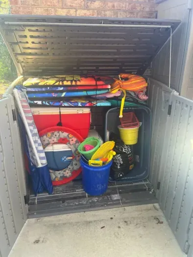 Outdoor bin has all the beach gear!!l
Coolers,  boogie boards, sand toys, umbrellas, frisbees!