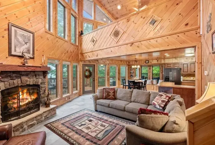Vaulted ceilings, natural light, fireplace, open area 