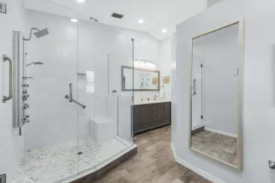 Experience luxury in our spacious spa-like suite with a private bathroom, perfect for relaxation and comfort.