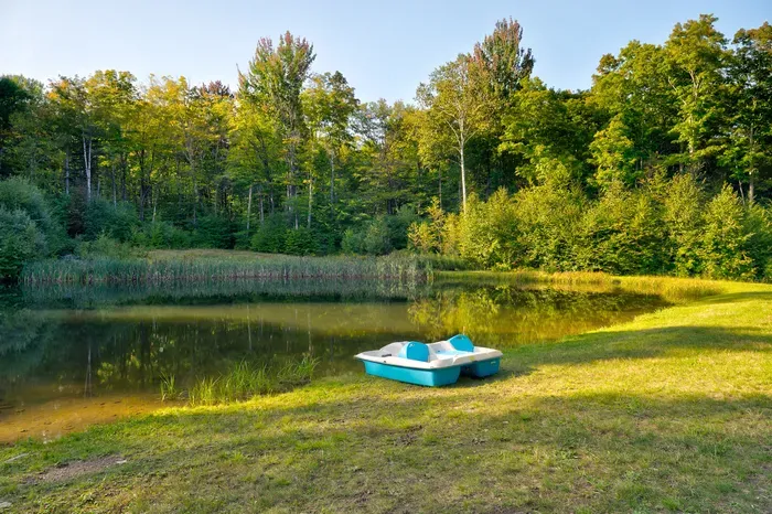 Your private pond is ready for slow afternoons, peaceful views, and a ride on the pedal boat.