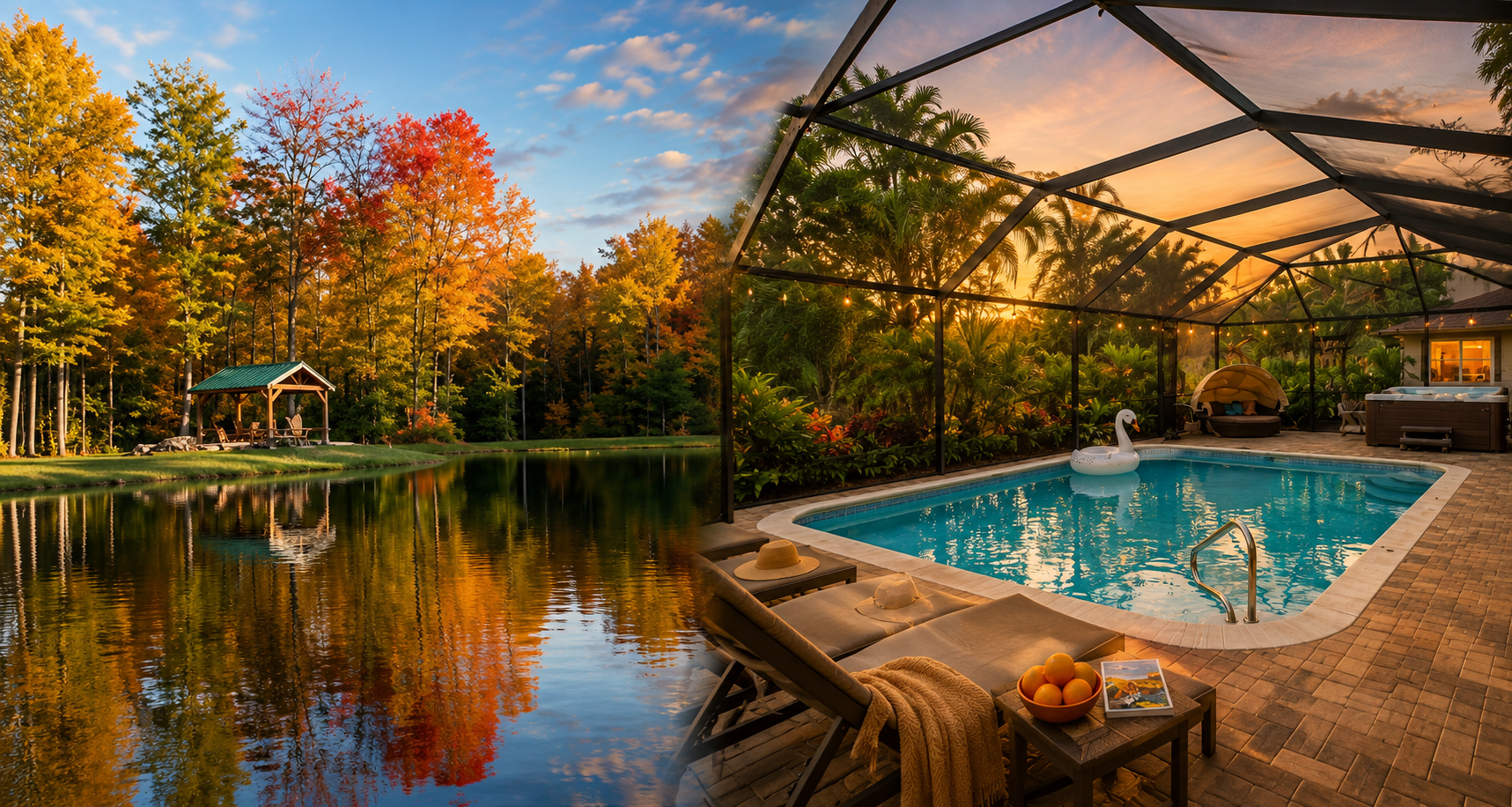 Vermont autumn pond and Naples Florida pool at Elevated Escapes