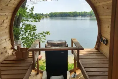 Slice-of-Heaven TC | Spa Retreat | Silver Lake CottageHot Tub | Barrel Sauna Full Window Lake Views | Cold Plunge Barrel Melt your cares away while soaking in this incredible view!