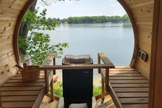 Slice-of-Heaven TC | Spa Retreat | Silver Lake CottageHot Tub | Barrel Sauna Full Window Lake Views | Cold Plunge Barrel Melt your cares away while soaking in this incredible view!