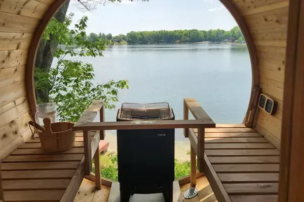 Slice-of-Heaven TC | Spa Retreat | Silver Lake CottageHot Tub | Barrel Sauna Full Window Lake Views | Cold Plunge Barrel Melt your cares away while soaking in this incredible view!
