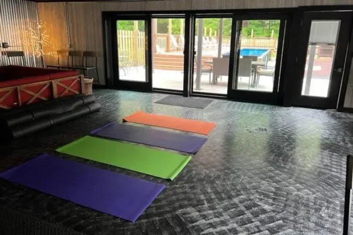 Lake Ann Lodge | Yoga Fitness Studio | Lounge Furniture | Slider Doors to Pool Deck | Exercise Equipment | Hand Weights | Smart TV | Wifi 