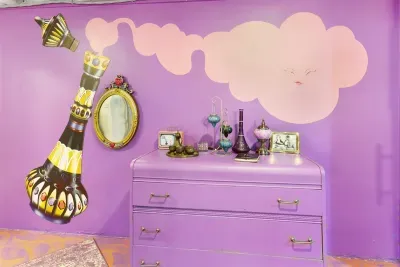 I Dream of Jeanne Queen Bedroom | Lower Level between Star Trek Bunk Room & Mission Impossible Bedroom Private entrance from Stairway leading to Whiskey Bar Lounge