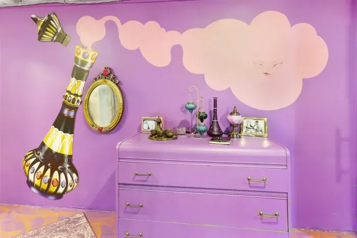 I Dream of Jeanne Queen Bedroom | Lower Level between Star Trek Bunk Room & Mission Impossible Bedroom Private entrance from Stairway leading to Whiskey Bar Lounge