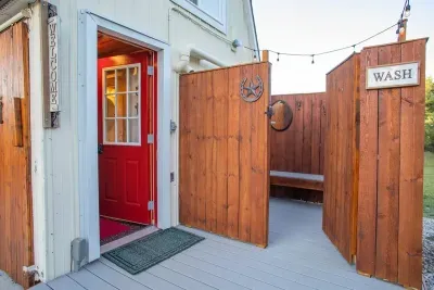 Tiny Ranch House generously sized outdoor shower.