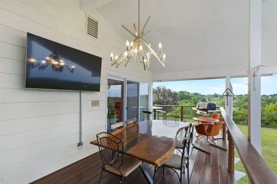 Main House Balcony Deck, off Dining Room & Living Room Slider Doors | Seating for 12-14 | Natural Gas BBQ | Boardman River Valley Views