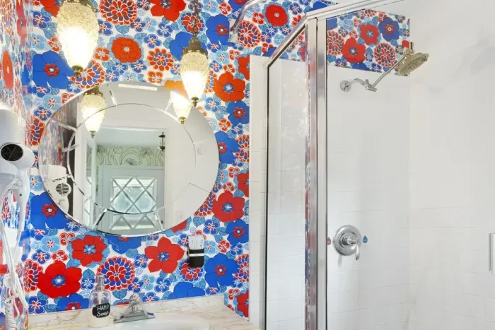 RWB Flower Power Main Floor Bathroom | Off Side Entry Whiskey Bar | Off Stairway to I Dream of Jeannie Queen Bedroom