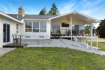 Main House Balcony Deck, off Dining Room & Living Room Slider Doors | Seating for 12-14 | Natural Gas BBQ | Boardman River Valley Views
