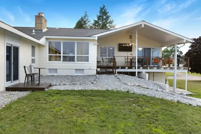 Main House Balcony Deck, off Dining Room & Living Room Slider Doors | Seating for 12-14 | Natural Gas BBQ | Boardman River Valley Views