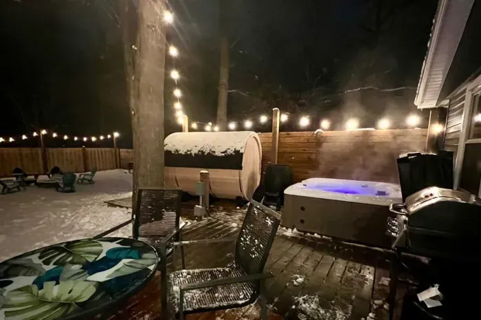 Patio Spa Oasis | Private Fully Enclosed Back Yard | String Lighting | Fire-pit
