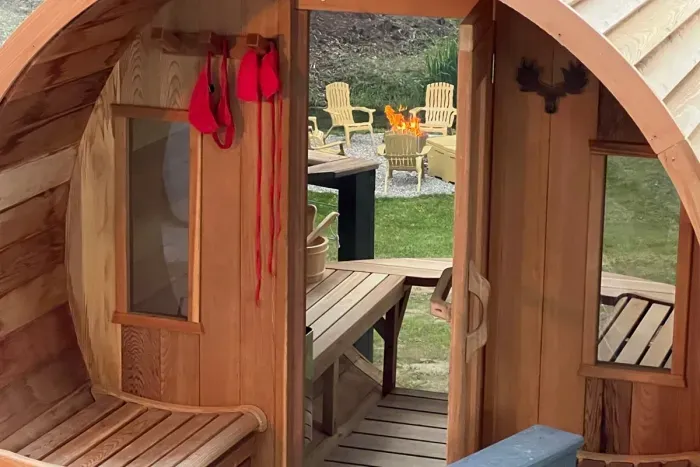 Hall Creek Lodge | Barrel Sauna Bubble Window Creek Views