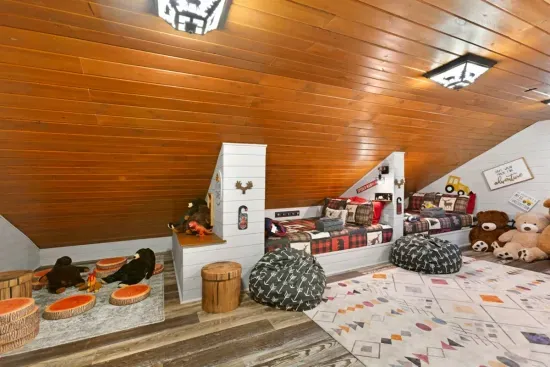 Bunk Room Queen Bed Built-ins | Kids Play Area