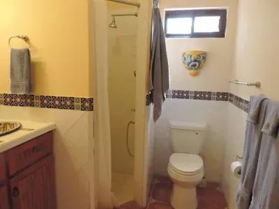 The first floor bathroom with large shower, 2 sinks, toilet.